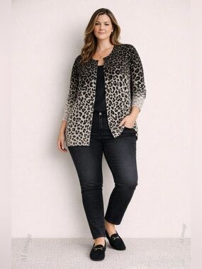 Leopard Print Ombré Cardigan XL Soft Knit Button Front Neutral Black Gray White